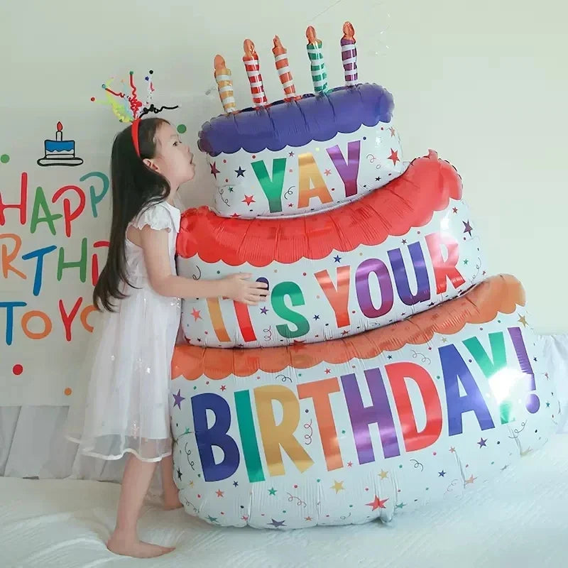 3-Layer Large Cake Balloons  Birthday Cartoon Bear Cake Foil Balloons for Kids Birthday Party Decoration Props Balloon Toys