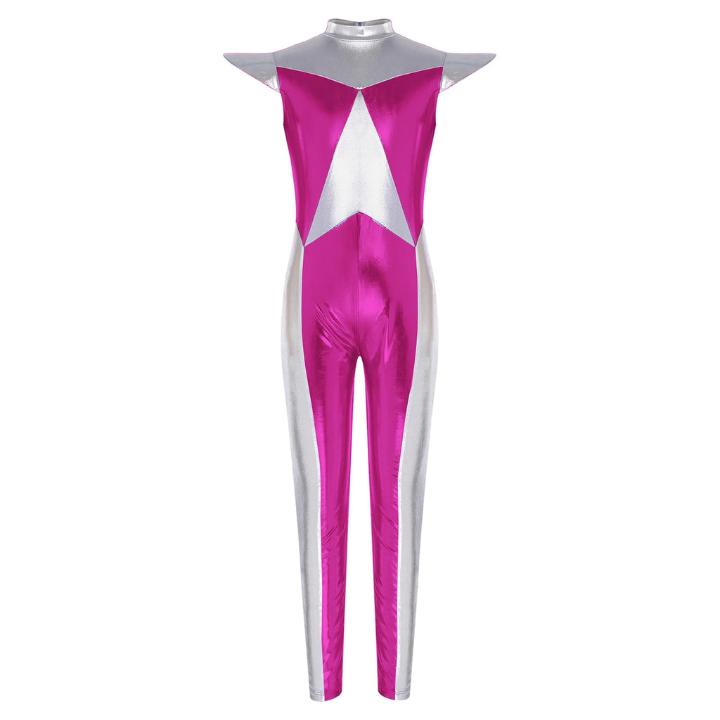 Kids Alien Cosplay Halloween Costume Shiny Bodysuit Astronaut Tech Theme Party Outfit Role Play Jumpsuit Astronaut Dress Up