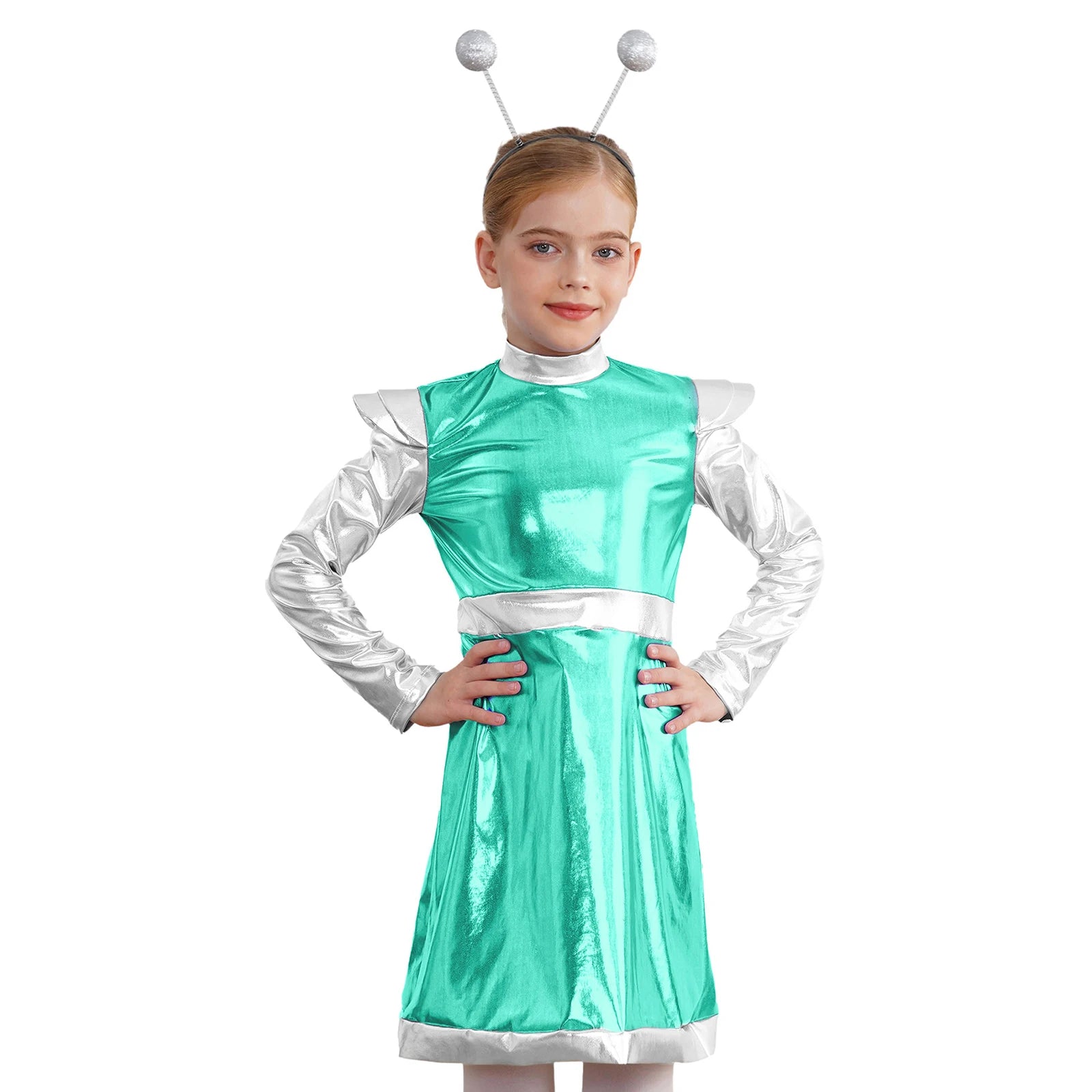 Kids Alien Cosplay Costume Outfits Boys Girls Metallic Shiny Alien Jumpsuit Halloween Full Length Bodysuit with Hair Hoop Suit