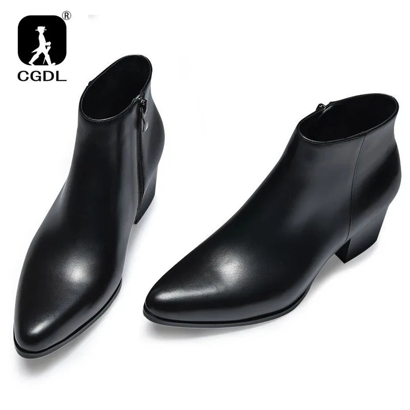 Men Ankle Boot High Heel Genuine Leather Men's Shoe Fashion Pointed Toe Dress Wedding Male Shoes Side Zipper Basic Boots for Men