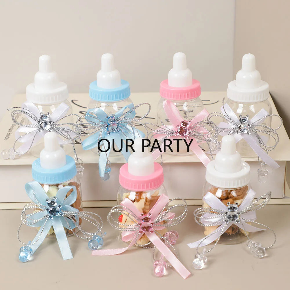 6/12Pcs Plastic Feeding Bottle Bear Candy Box with Bow Baby Shower Gift Packing Box for Kids Birthday Gender Reveal Party Decor