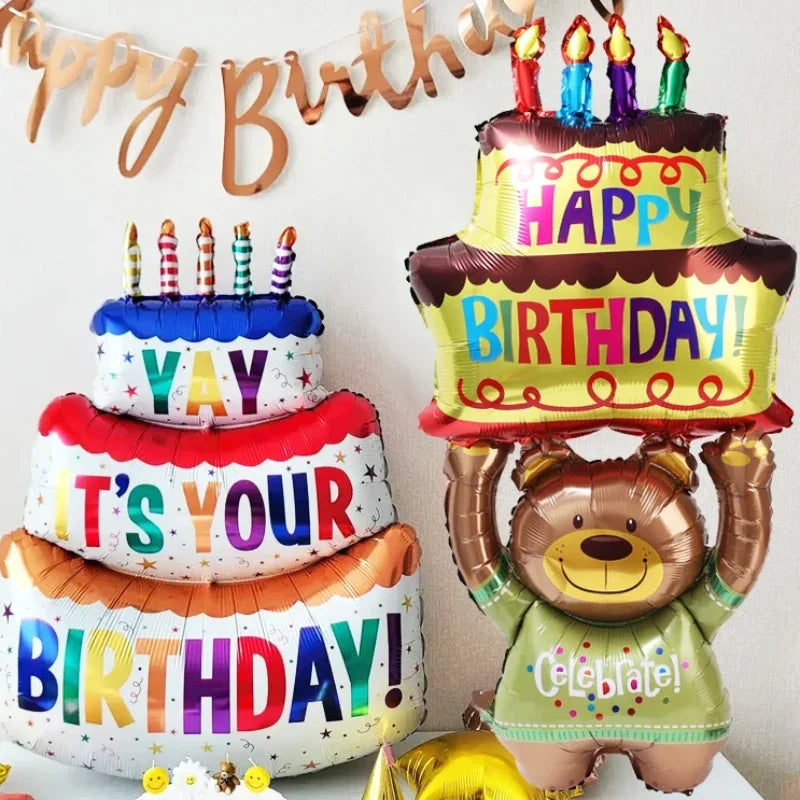 3-Layer Large Cake Balloons  Birthday Cartoon Bear Cake Foil Balloons for Kids Birthday Party Decoration Props Balloon Toys