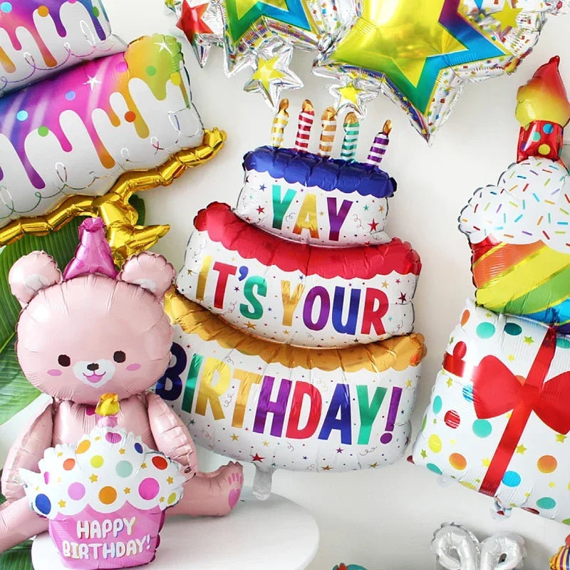 3-Layer Large Cake Balloons  Birthday Cartoon Bear Cake Foil Balloons for Kids Birthday Party Decoration Props Balloon Toys
