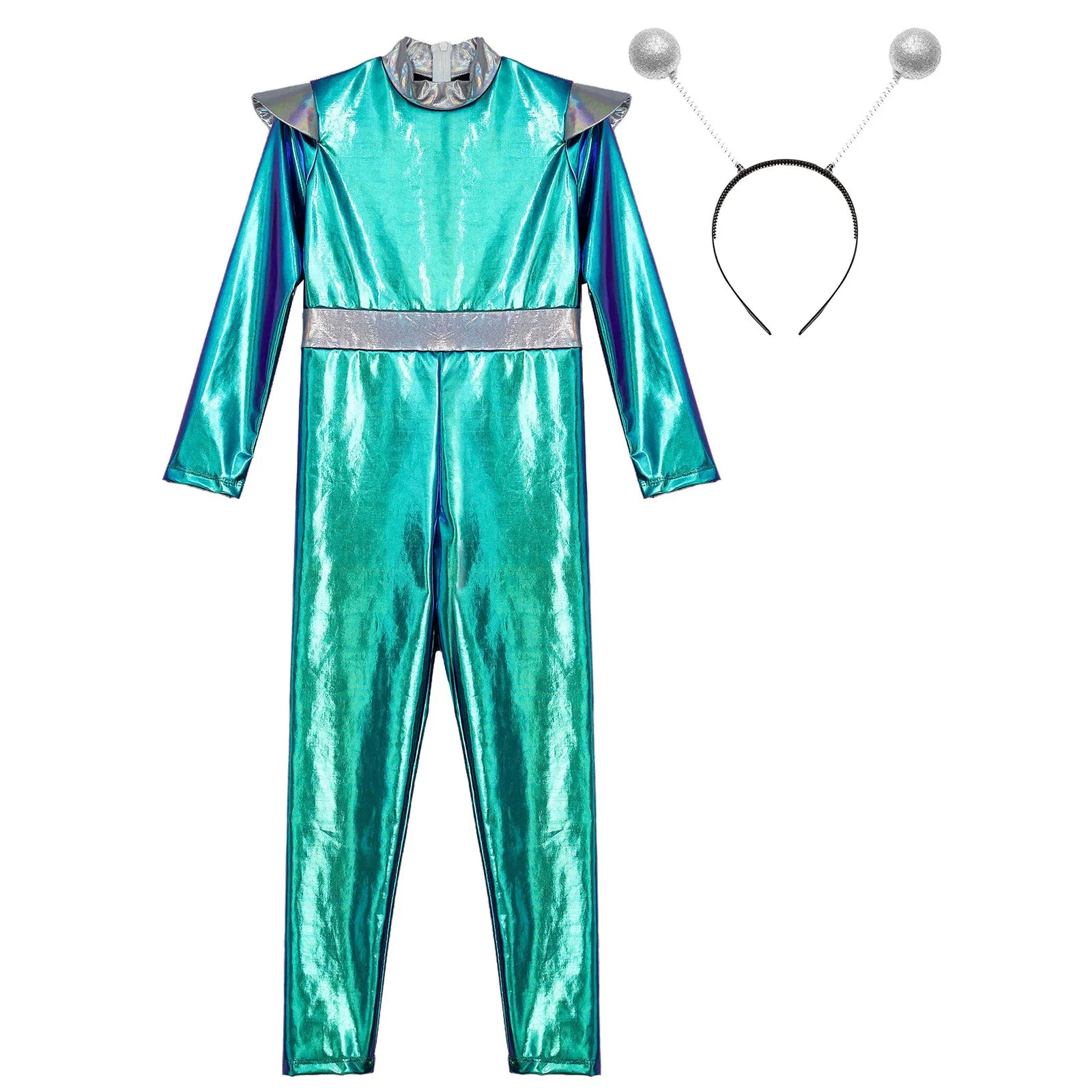 Kids Alien Cosplay Costume Outfits Boys Girls Metallic Shiny Alien Jumpsuit Halloween Full Length Bodysuit with Hair Hoop Suit