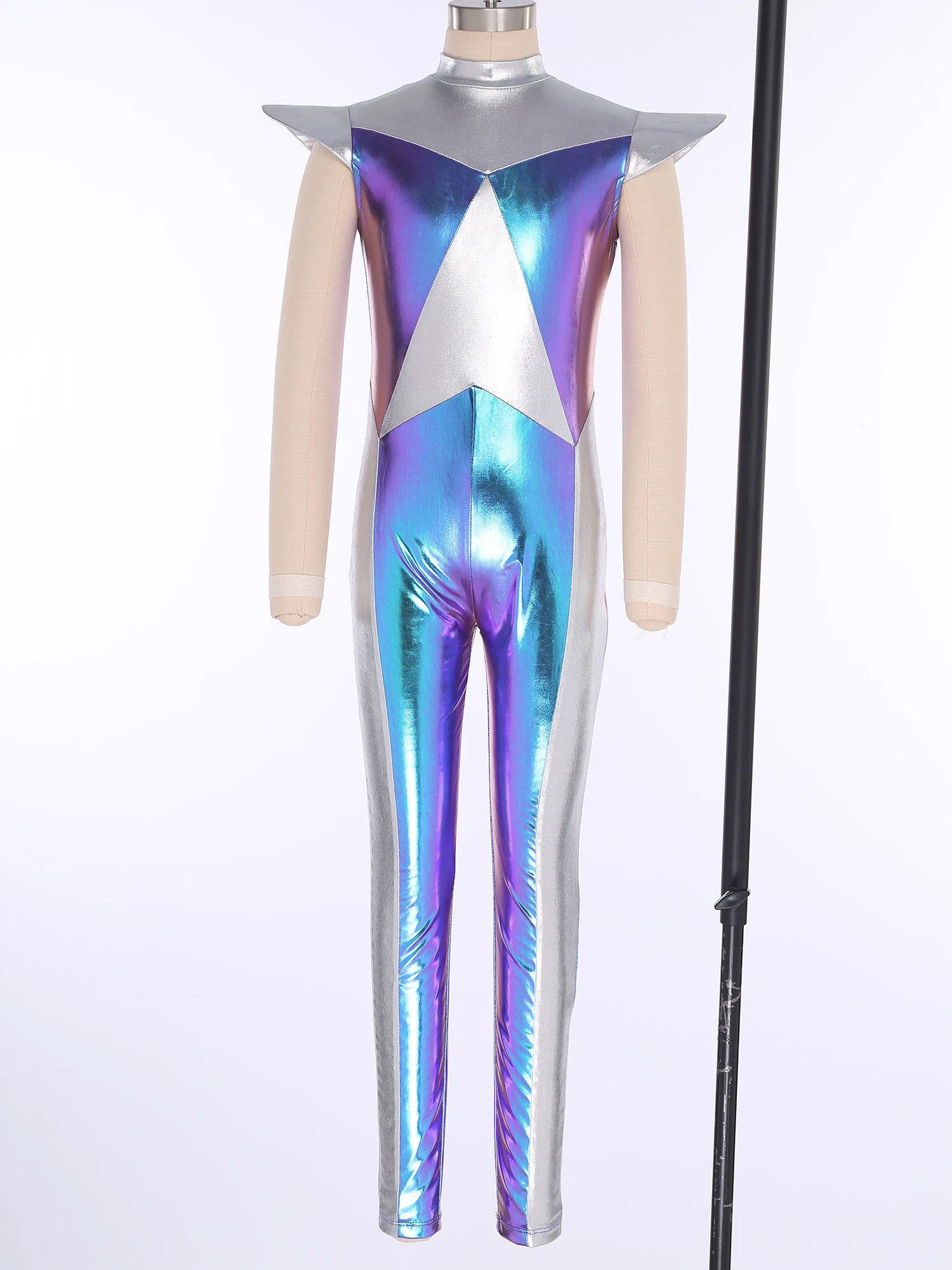 Kids Alien Cosplay Halloween Costume Shiny Bodysuit Astronaut Tech Theme Party Outfit Role Play Jumpsuit Astronaut Dress Up