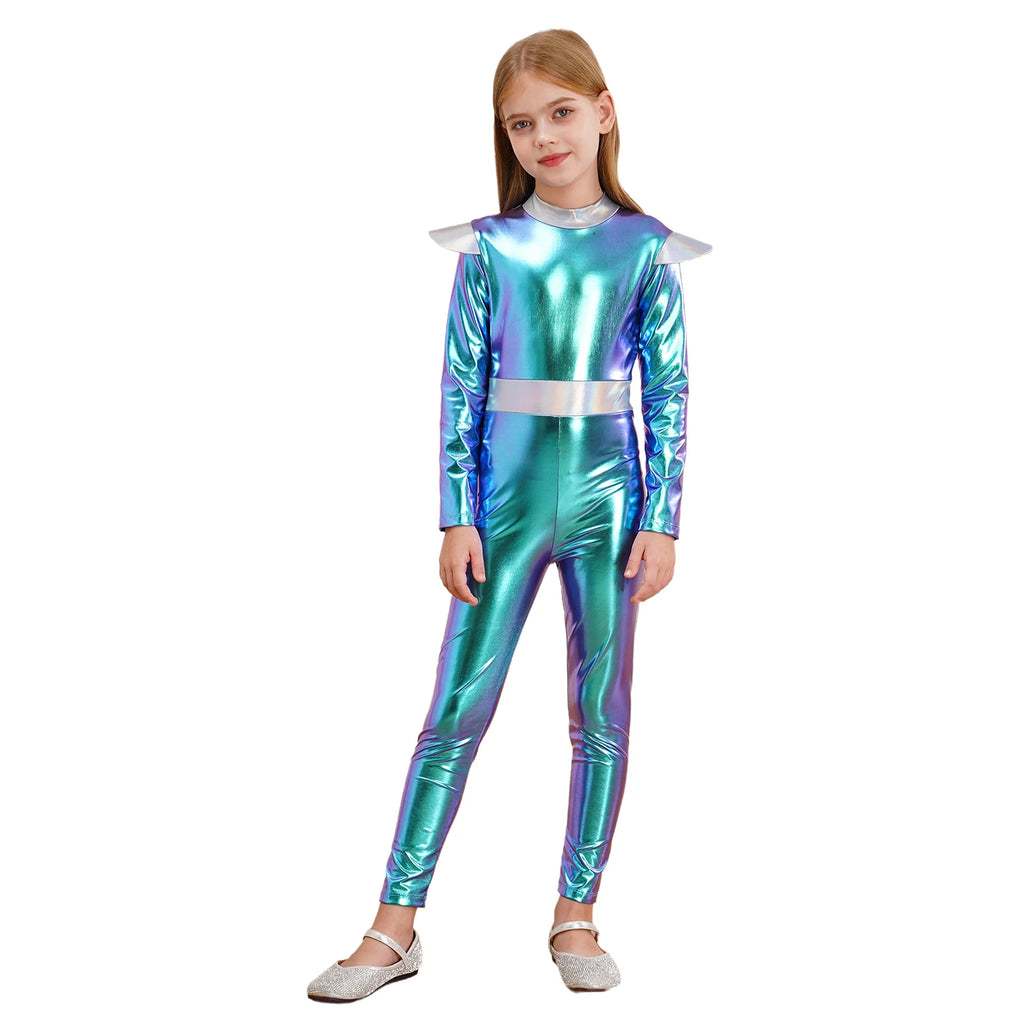 Kids Alien Cosplay Halloween Costume Shiny Bodysuit Astronaut Tech Theme Party Outfit Role Play Jumpsuit Astronaut Dress Up