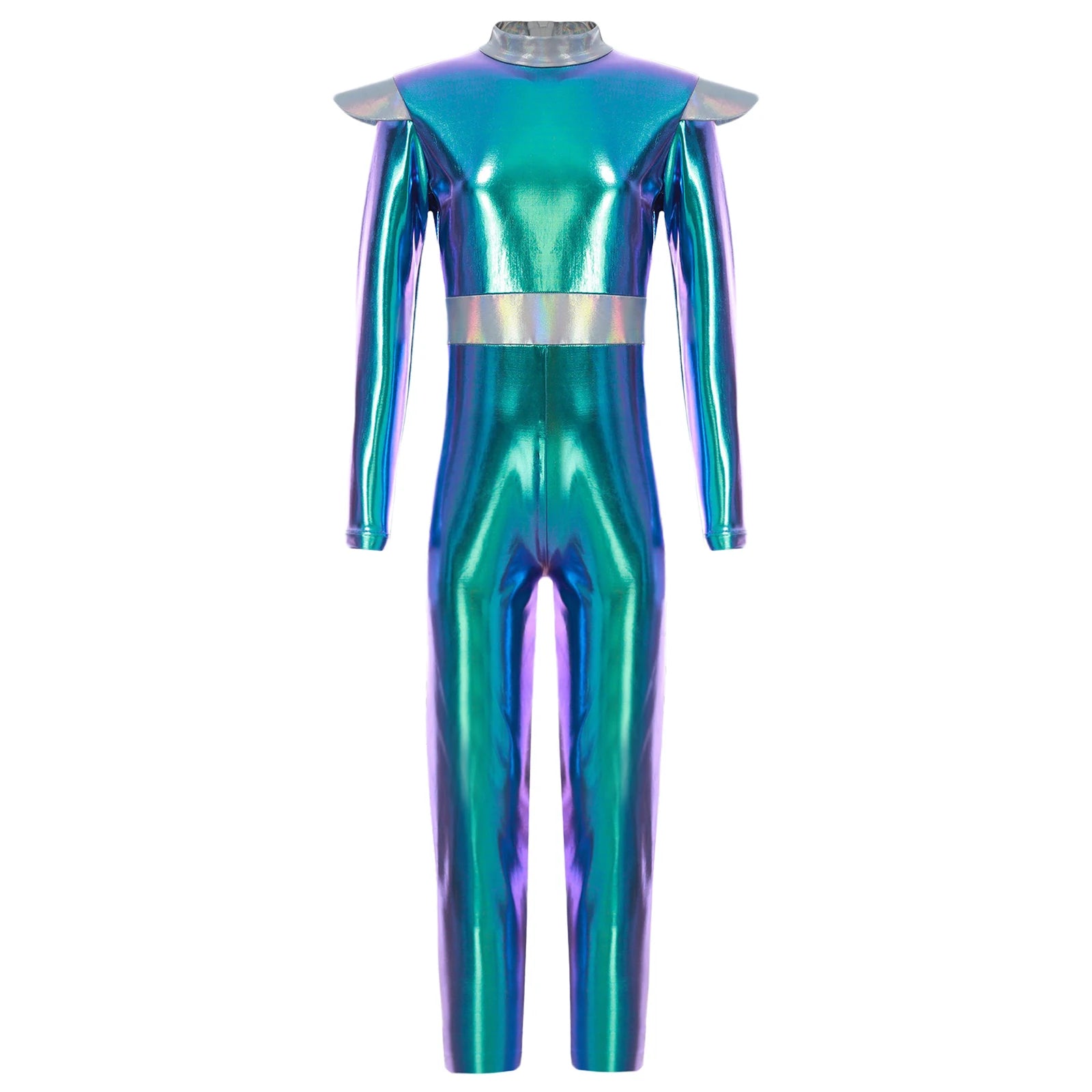 Kids Alien Cosplay Halloween Costume Shiny Bodysuit Astronaut Tech Theme Party Outfit Role Play Jumpsuit Astronaut Dress Up
