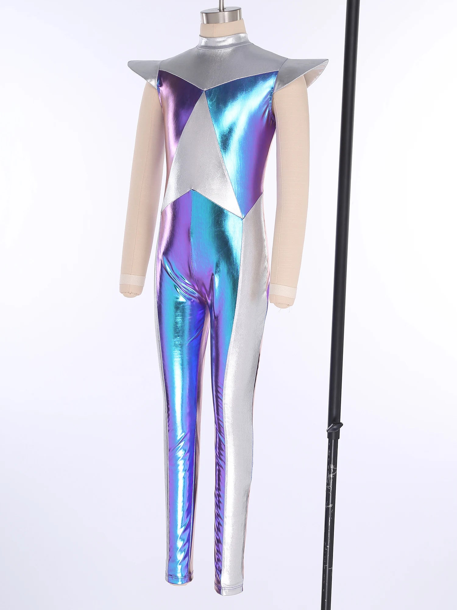 Kids Alien Cosplay Halloween Costume Shiny Bodysuit Astronaut Tech Theme Party Outfit Role Play Jumpsuit Astronaut Dress Up