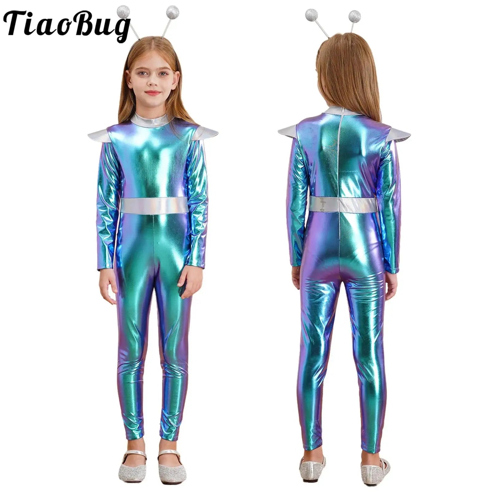 Kids Alien Cosplay Costume Outfits Boys Girls Metallic Shiny Alien Jumpsuit Halloween Full Length Bodysuit with Hair Hoop Suit
