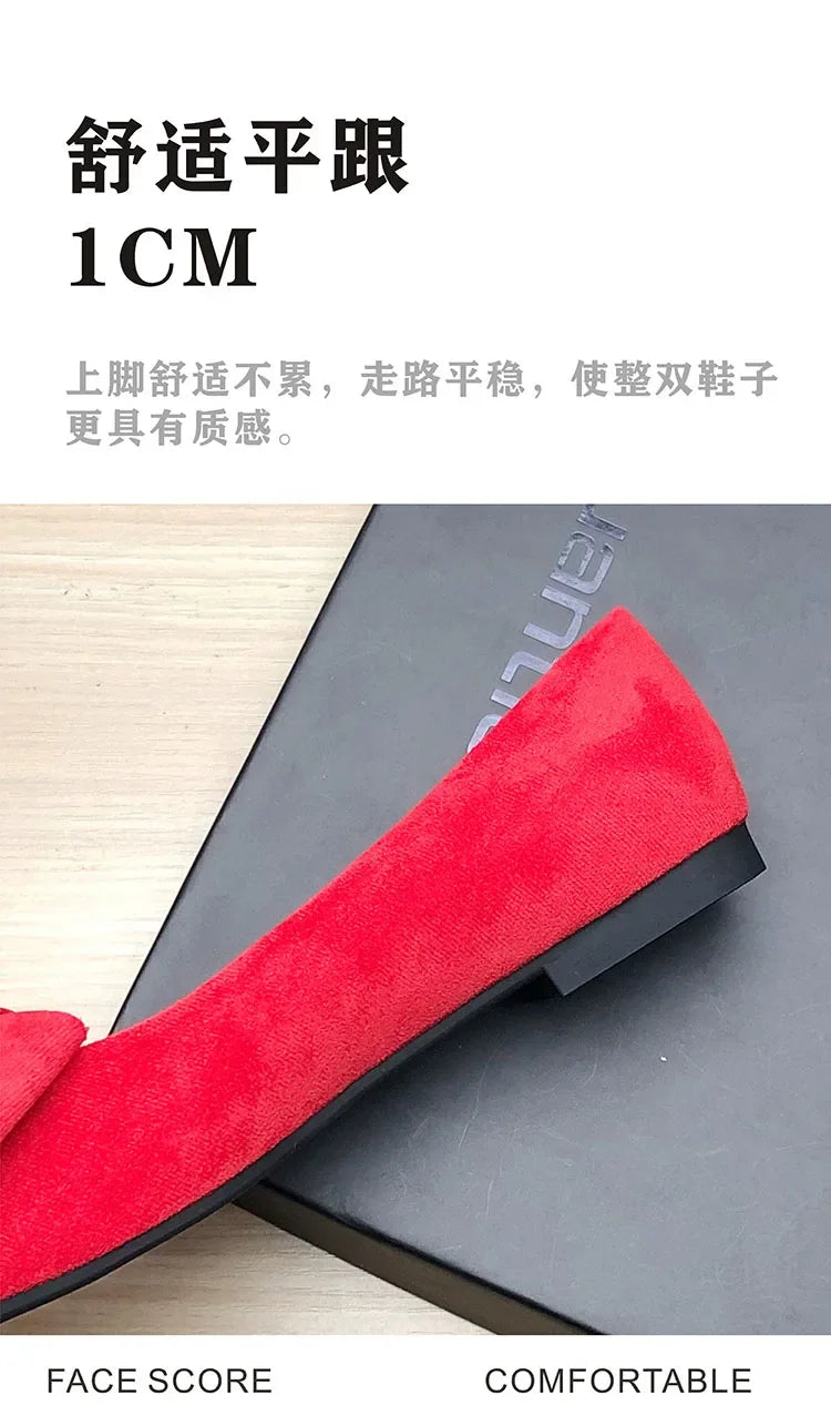 Women Flats with Big Bowknot Red Wedding Shoes Flat Heel Butterfly-knot Soft Sole Small Size 33 34 large size 43 Rose Red Flats
