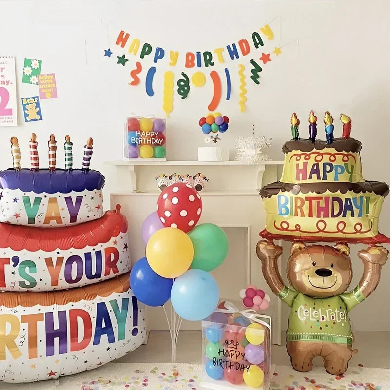3-Layer Large Cake Balloons  Birthday Cartoon Bear Cake Foil Balloons for Kids Birthday Party Decoration Props Balloon Toys
