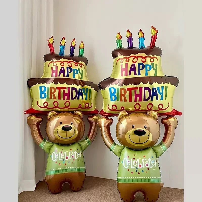 3-Layer Large Cake Balloons  Birthday Cartoon Bear Cake Foil Balloons for Kids Birthday Party Decoration Props Balloon Toys