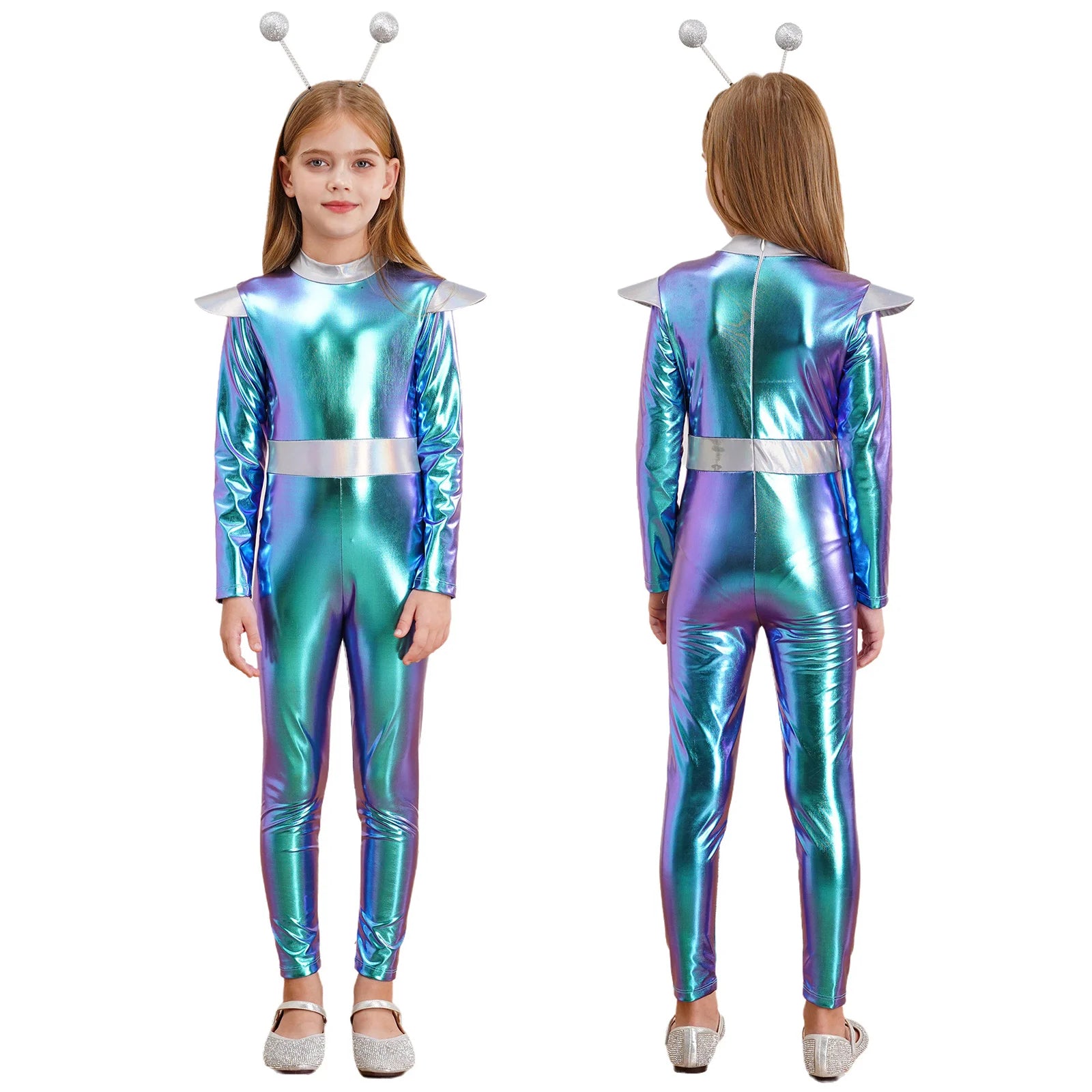 Kids Alien Cosplay Costume Outfits Boys Girls Metallic Shiny Alien Jumpsuit Halloween Full Length Bodysuit with Hair Hoop Suit