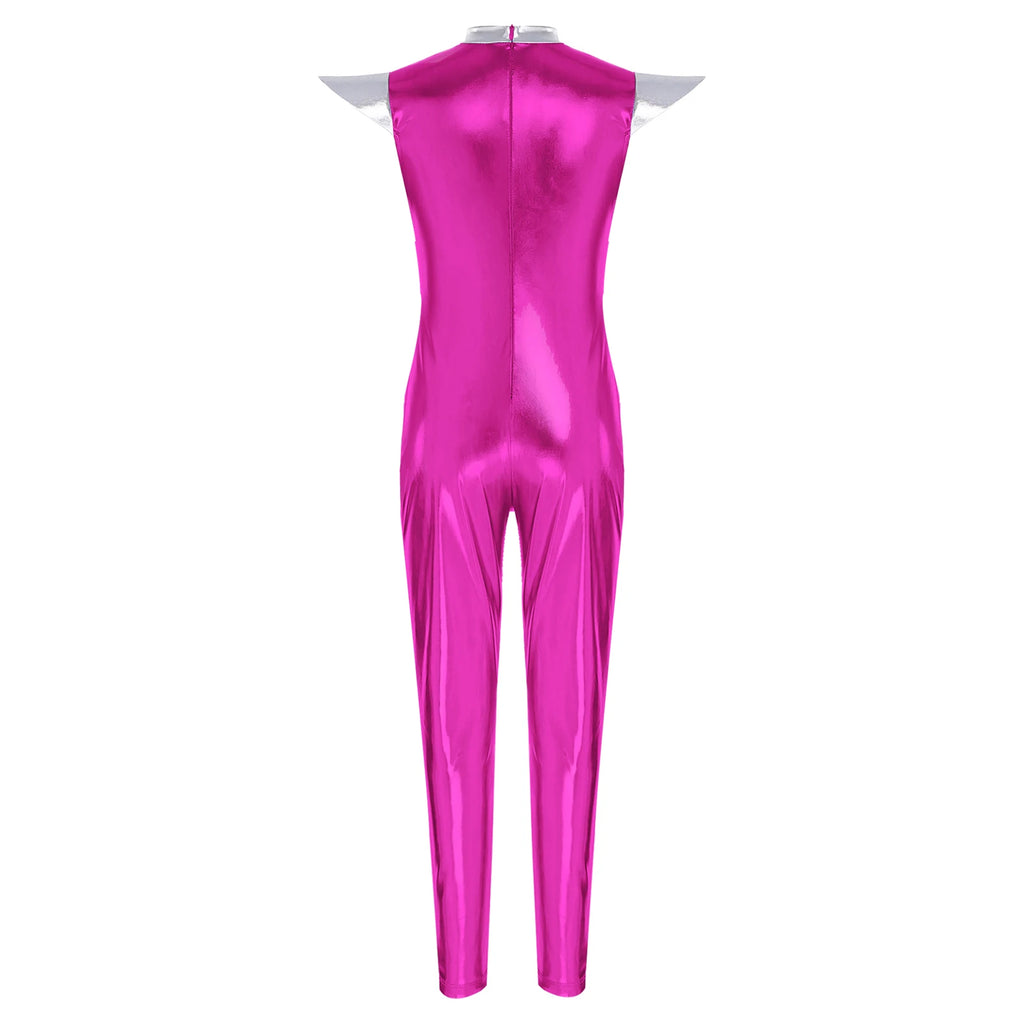 Kids Alien Cosplay Halloween Costume Shiny Bodysuit Astronaut Tech Theme Party Outfit Role Play Jumpsuit Astronaut Dress Up
