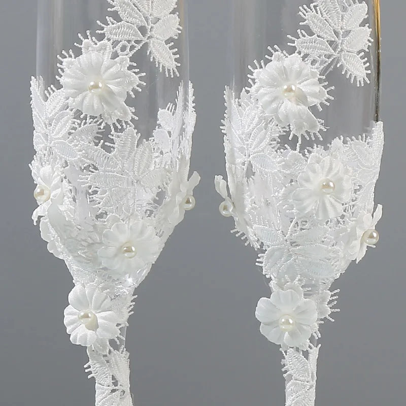 Wedding glasses for the bride and groom, simple design, champagne glasses filled with flowers, engagement, anniversaries