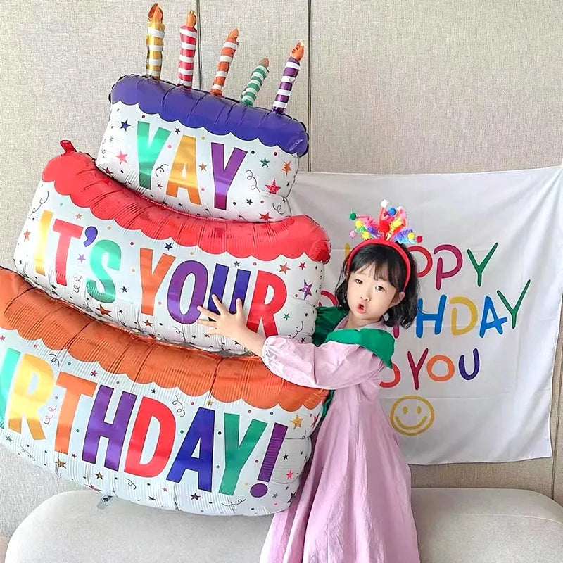 Large Birthday Cake Foil Balloons Cartoon Bear Cake Balloon Kids Toys Happy Birthday Party Decoration Supplies Photo Props INS