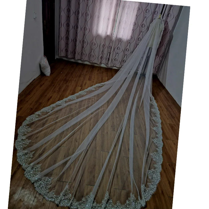 Full crystal pearl lace veil bridal cathedral luxury new wedding accessories white veil With metal hair comb  custom made veil