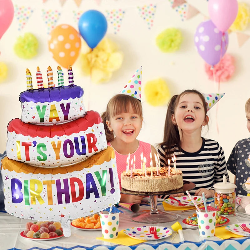Large Birthday Cake Foil Balloons Cartoon Bear Cake Balloon Kids Toys Happy Birthday Party Decoration Supplies Photo Props INS