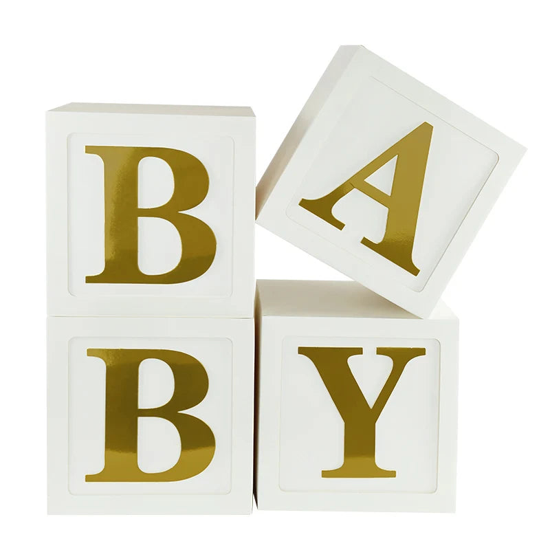 Baby Boxes with Letters for Baby Shower Gender Reveal Decorations White Boxes Blocks with 4 pcs Letters Birthday Party Decor
