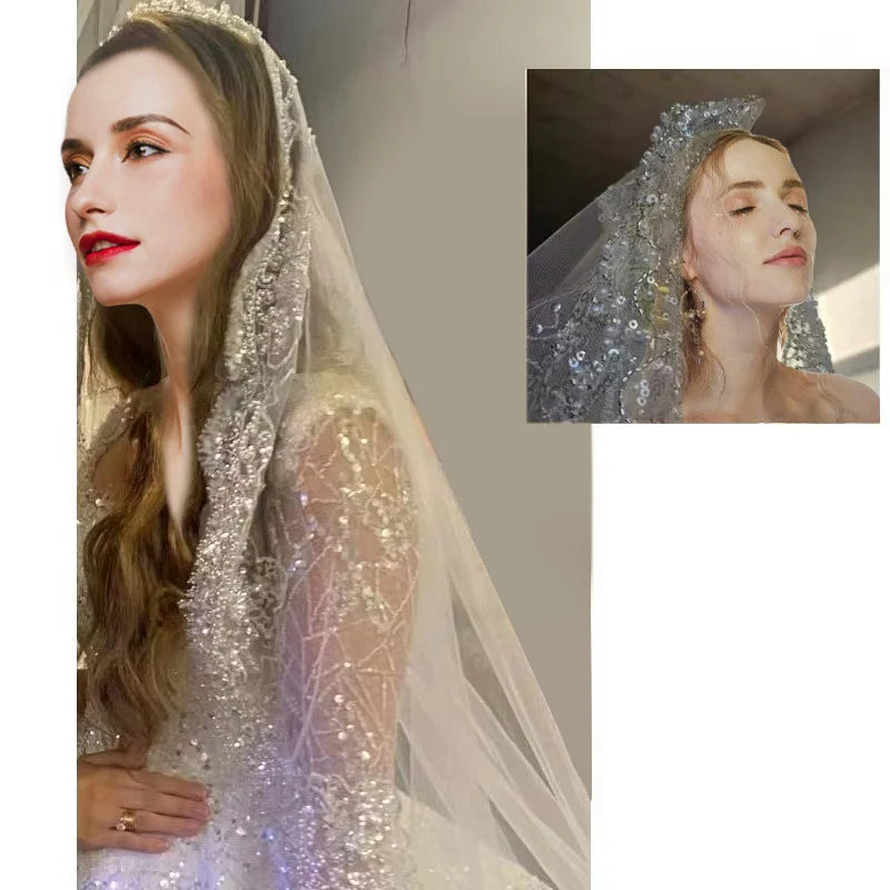 Full crystal pearl lace veil bridal cathedral luxury new wedding accessories white veil With metal hair comb  custom made veil