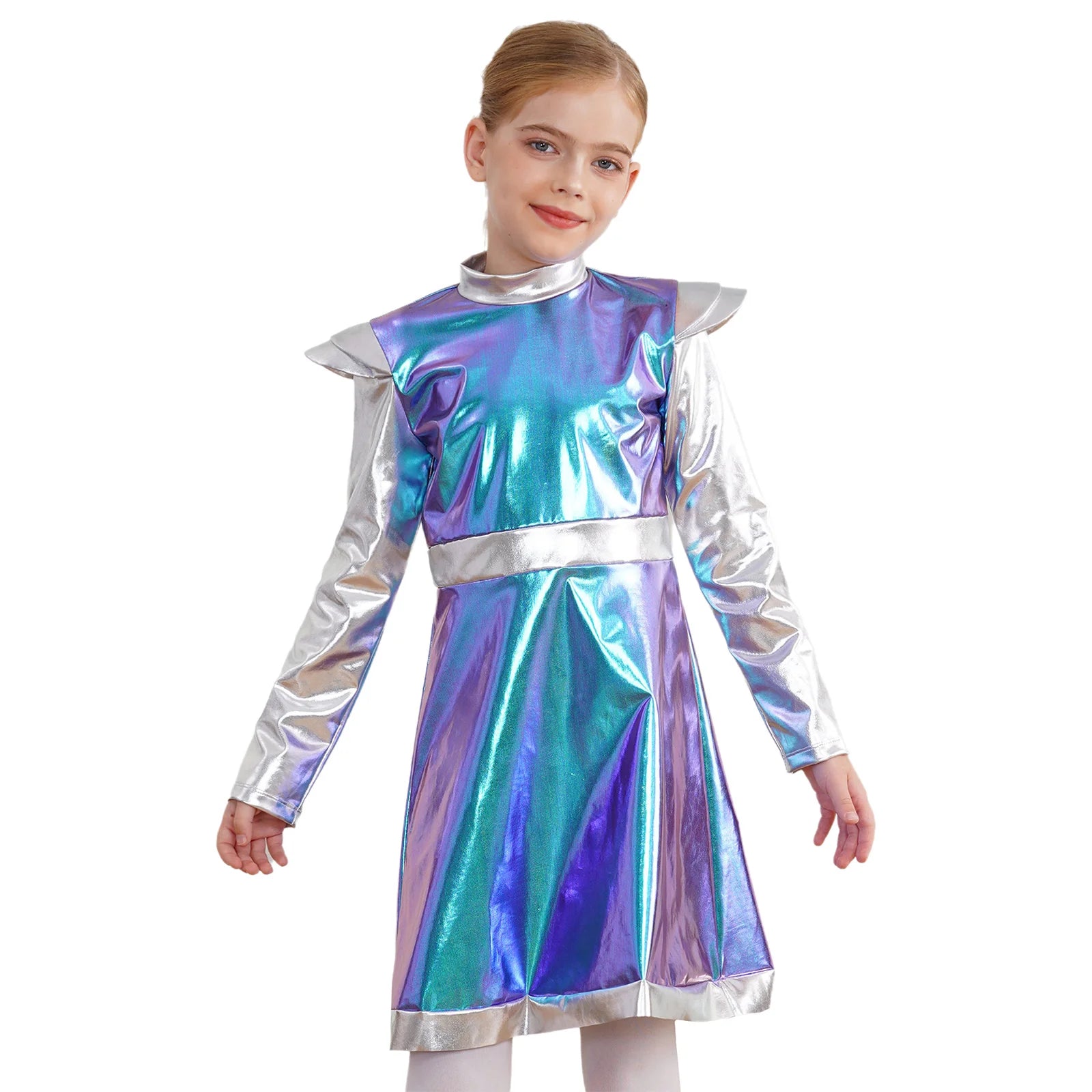 Kids Alien Cosplay Costume Outfits Boys Girls Metallic Shiny Alien Jumpsuit Halloween Full Length Bodysuit with Hair Hoop Suit