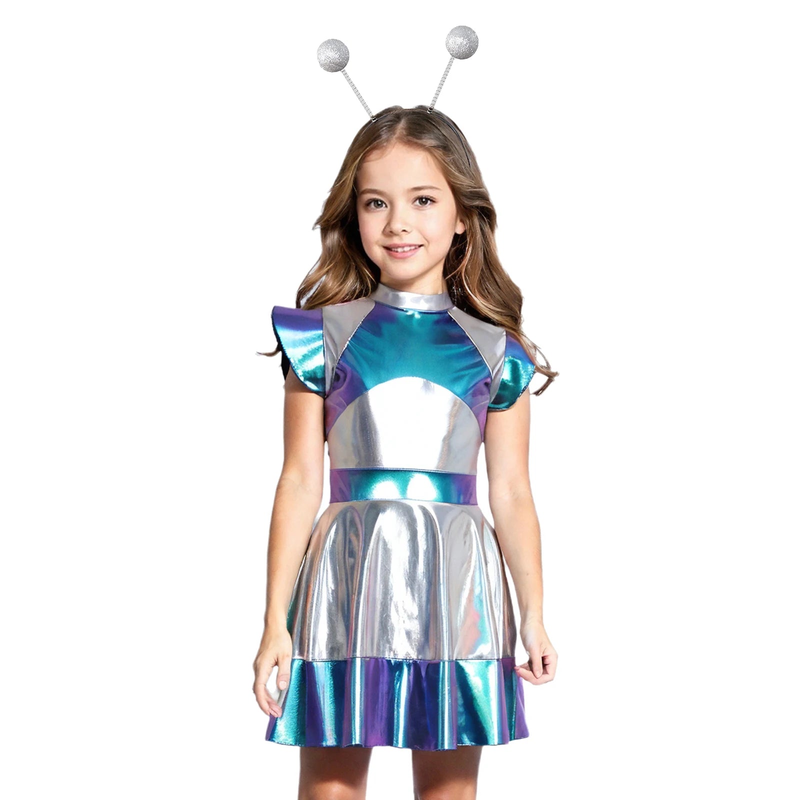 Kids Alien Cosplay Costume Outfits Boys Girls Metallic Shiny Alien Jumpsuit Halloween Full Length Bodysuit with Hair Hoop Suit
