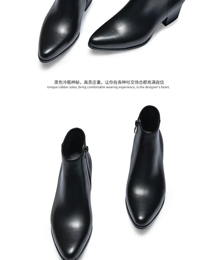 Men Ankle Boot High Heel Genuine Leather Men's Shoe Fashion Pointed Toe Dress Wedding Male Shoes Side Zipper Basic Boots for Men