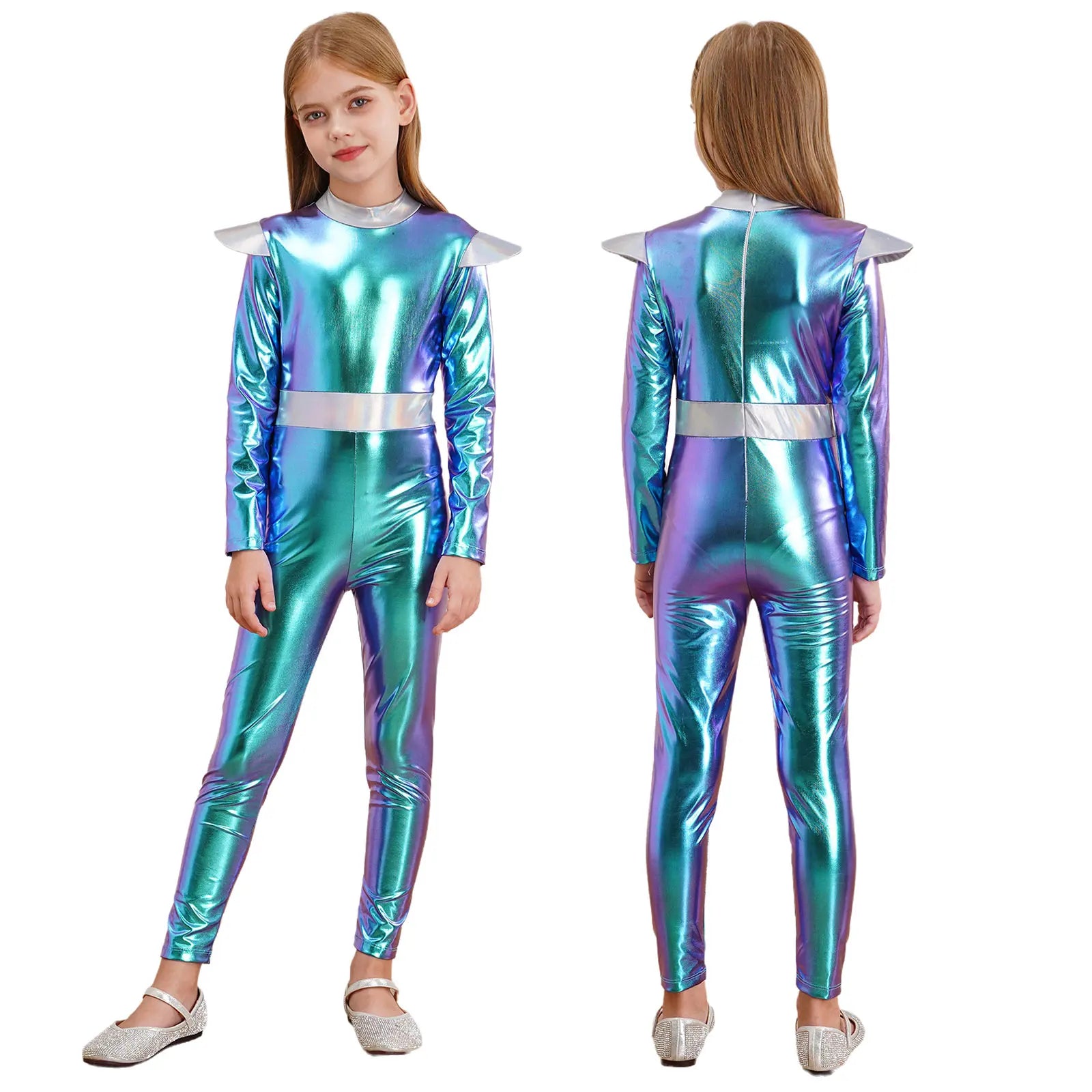 Kids Alien Cosplay Halloween Costume Shiny Bodysuit Astronaut Tech Theme Party Outfit Role Play Jumpsuit Astronaut Dress Up