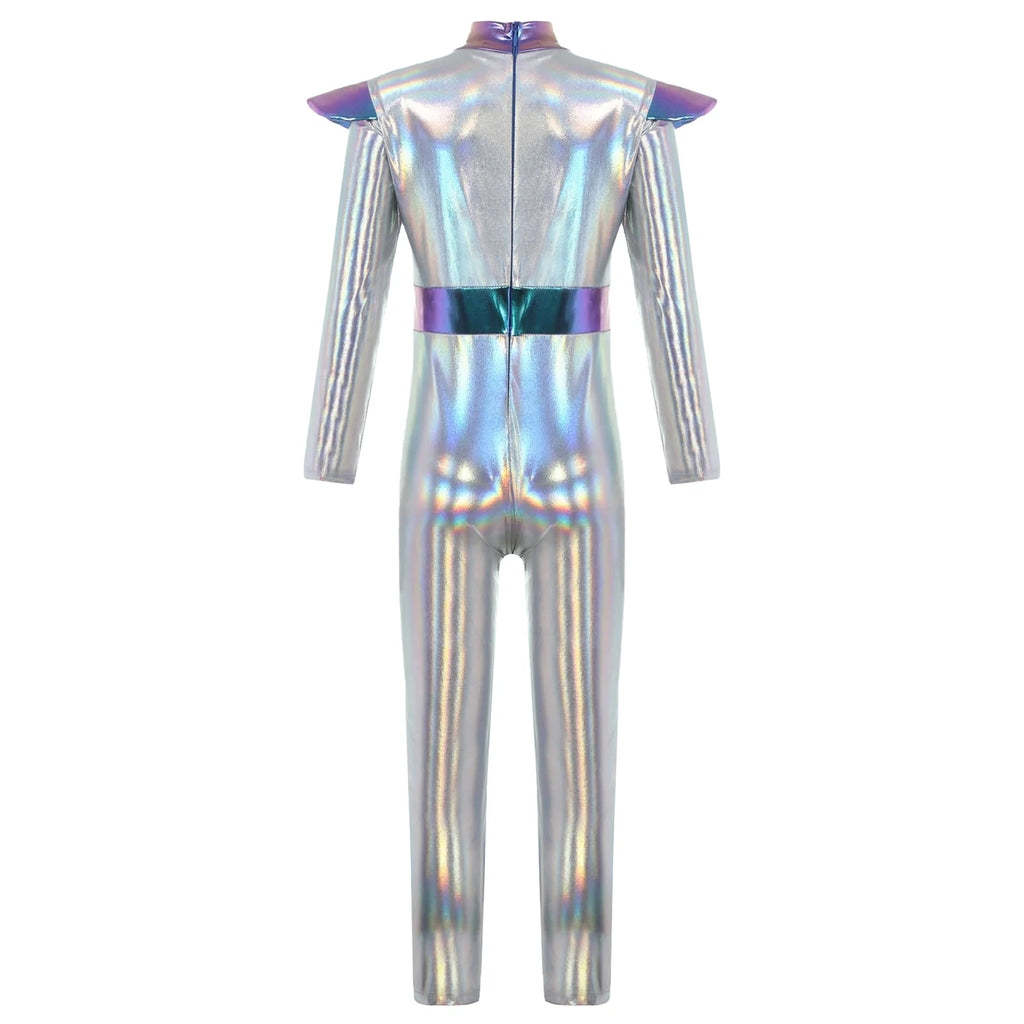 Kids Alien Cosplay Halloween Costume Shiny Bodysuit Astronaut Tech Theme Party Outfit Role Play Jumpsuit Astronaut Dress Up
