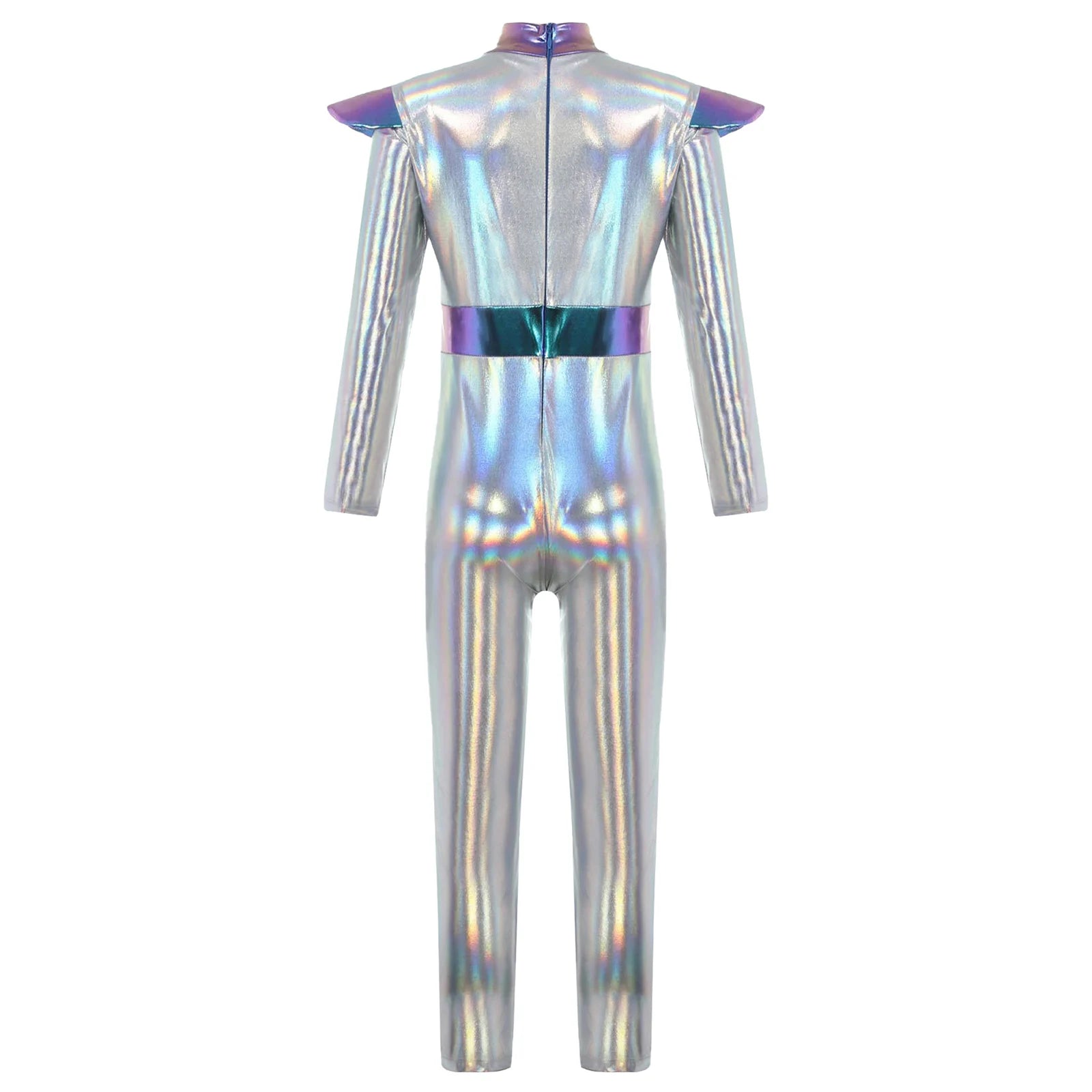 Kids Alien Cosplay Halloween Costume Shiny Bodysuit Astronaut Tech Theme Party Outfit Role Play Jumpsuit Astronaut Dress Up