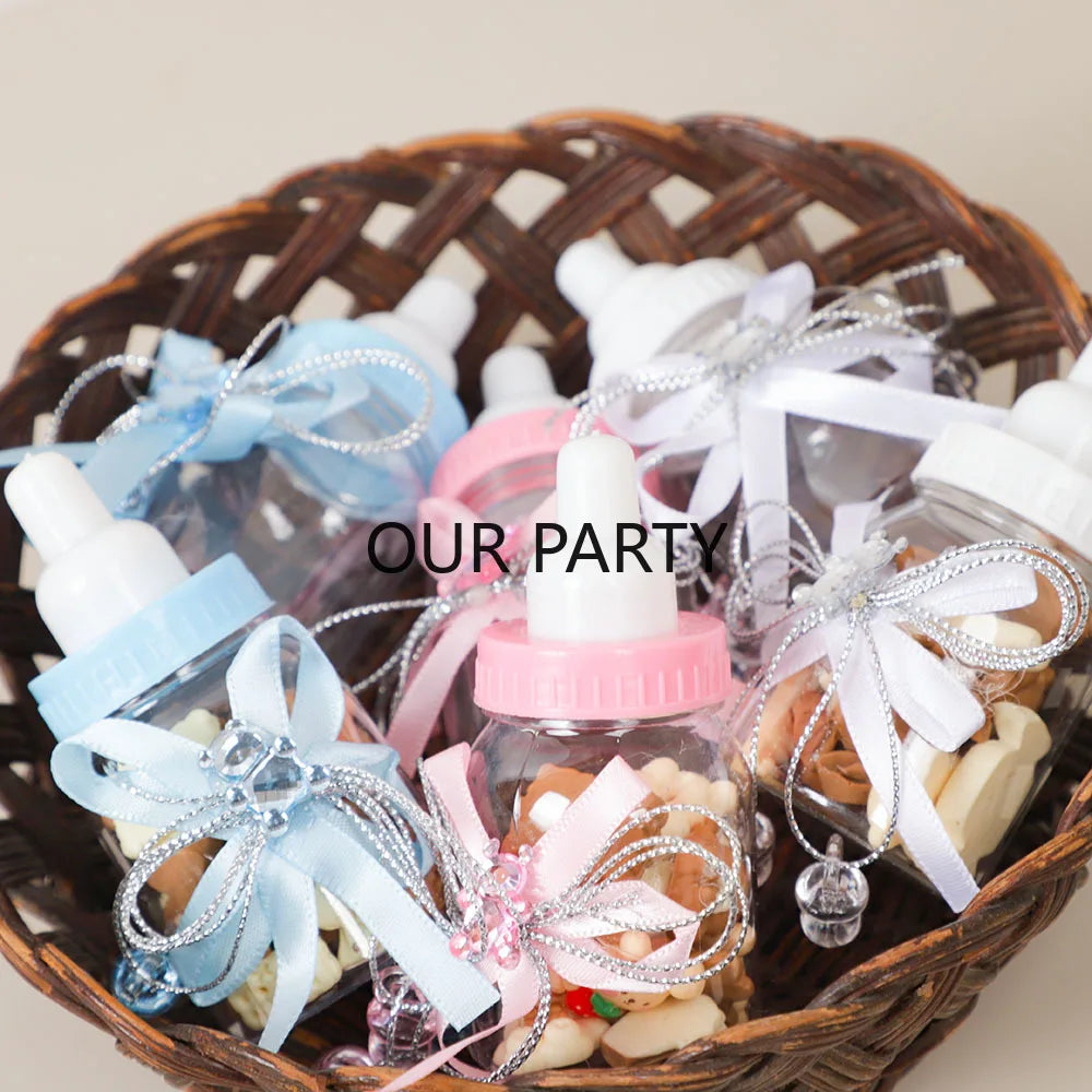 6/12Pcs Plastic Feeding Bottle Bear Candy Box with Bow Baby Shower Gift Packing Box for Kids Birthday Gender Reveal Party Decor