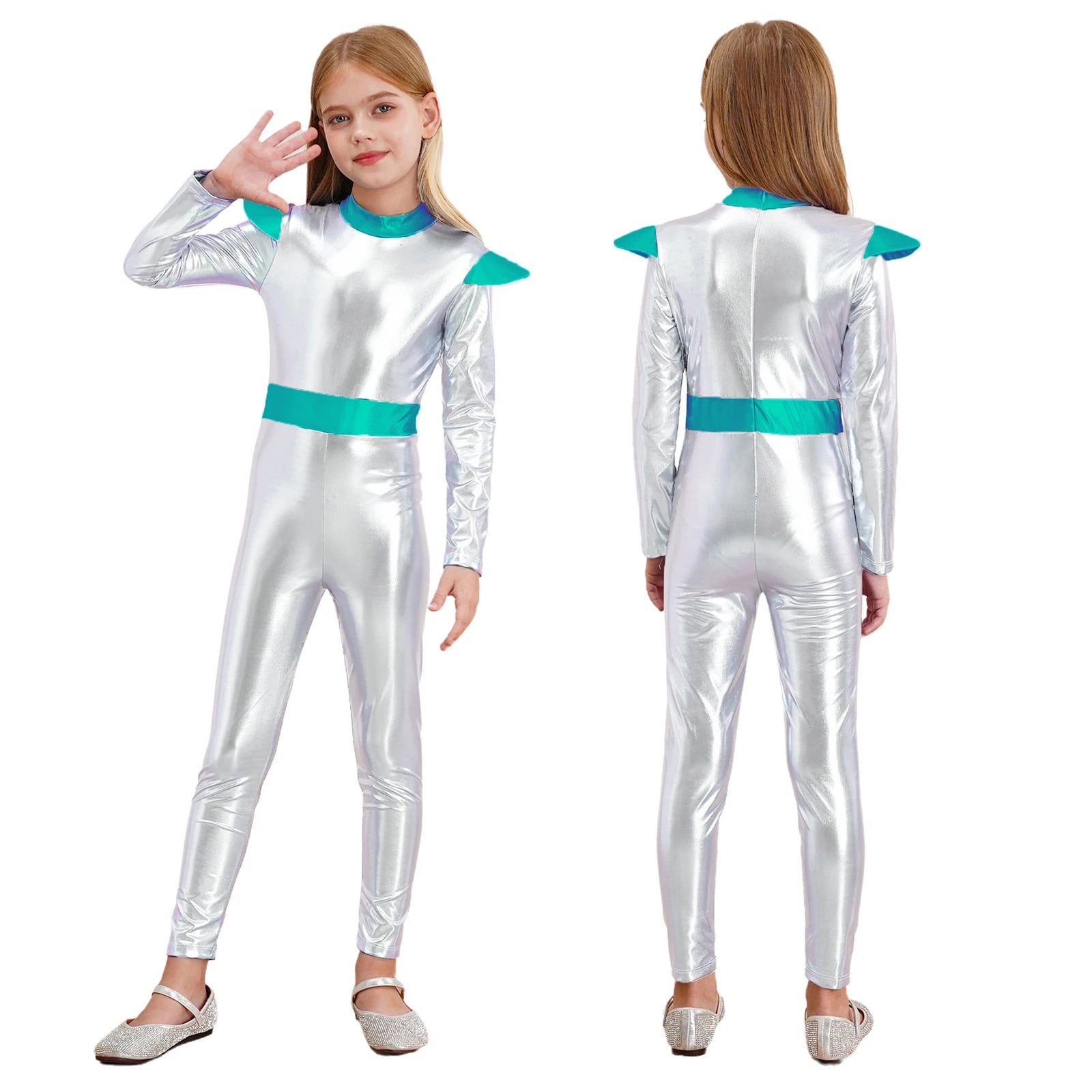 Kids Alien Cosplay Costume Outfits Boys Girls Metallic Shiny Alien Jumpsuit Halloween Full Length Bodysuit with Hair Hoop Suit