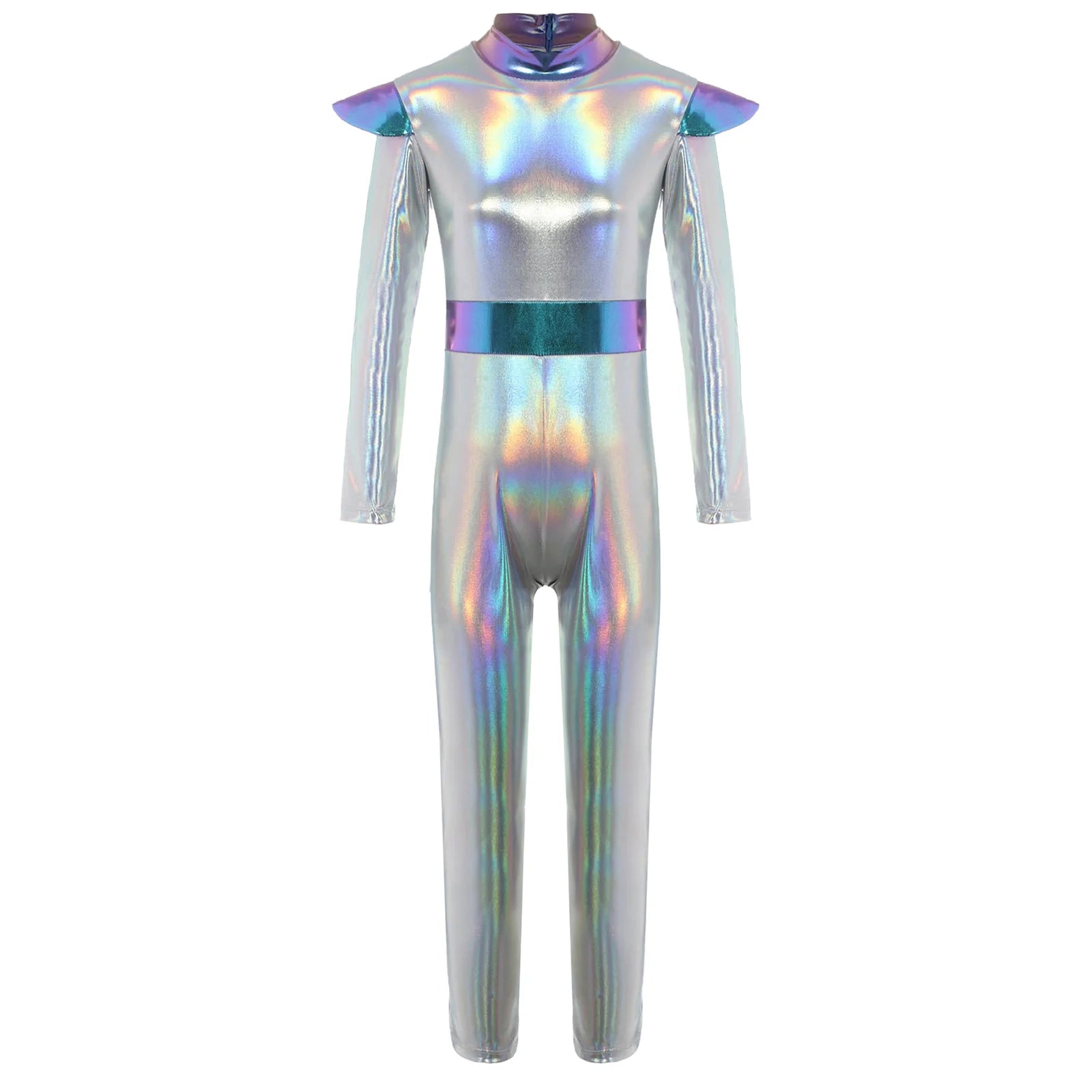 Kids Alien Cosplay Halloween Costume Shiny Bodysuit Astronaut Tech Theme Party Outfit Role Play Jumpsuit Astronaut Dress Up