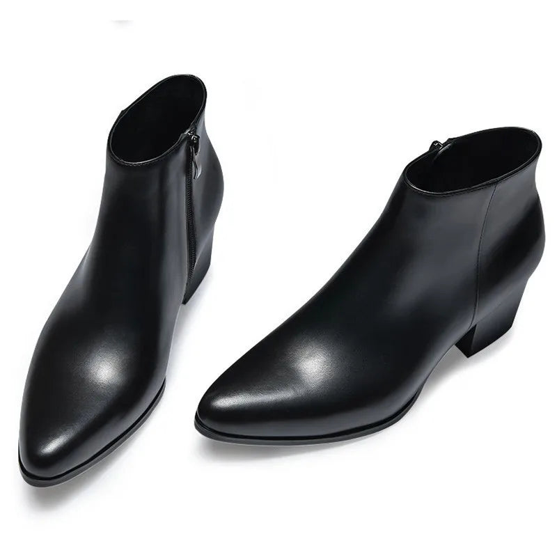 Men Ankle Boot High Heel Genuine Leather Men's Shoe Fashion Pointed Toe Dress Wedding Male Shoes Side Zipper Basic Boots for Men