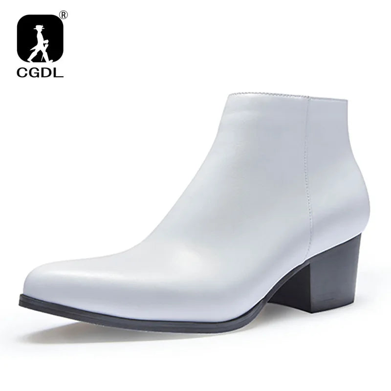 Men Ankle Boot High Heel Genuine Leather Men's Shoe Fashion Pointed Toe Dress Wedding Male Shoes Side Zipper Basic Boots for Men