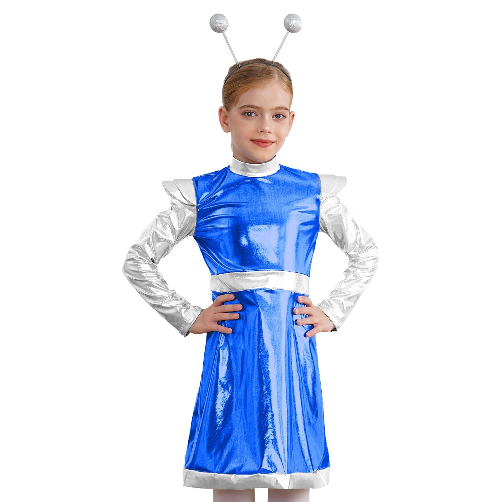 Kids Alien Cosplay Costume Outfits Boys Girls Metallic Shiny Alien Jumpsuit Halloween Full Length Bodysuit with Hair Hoop Suit
