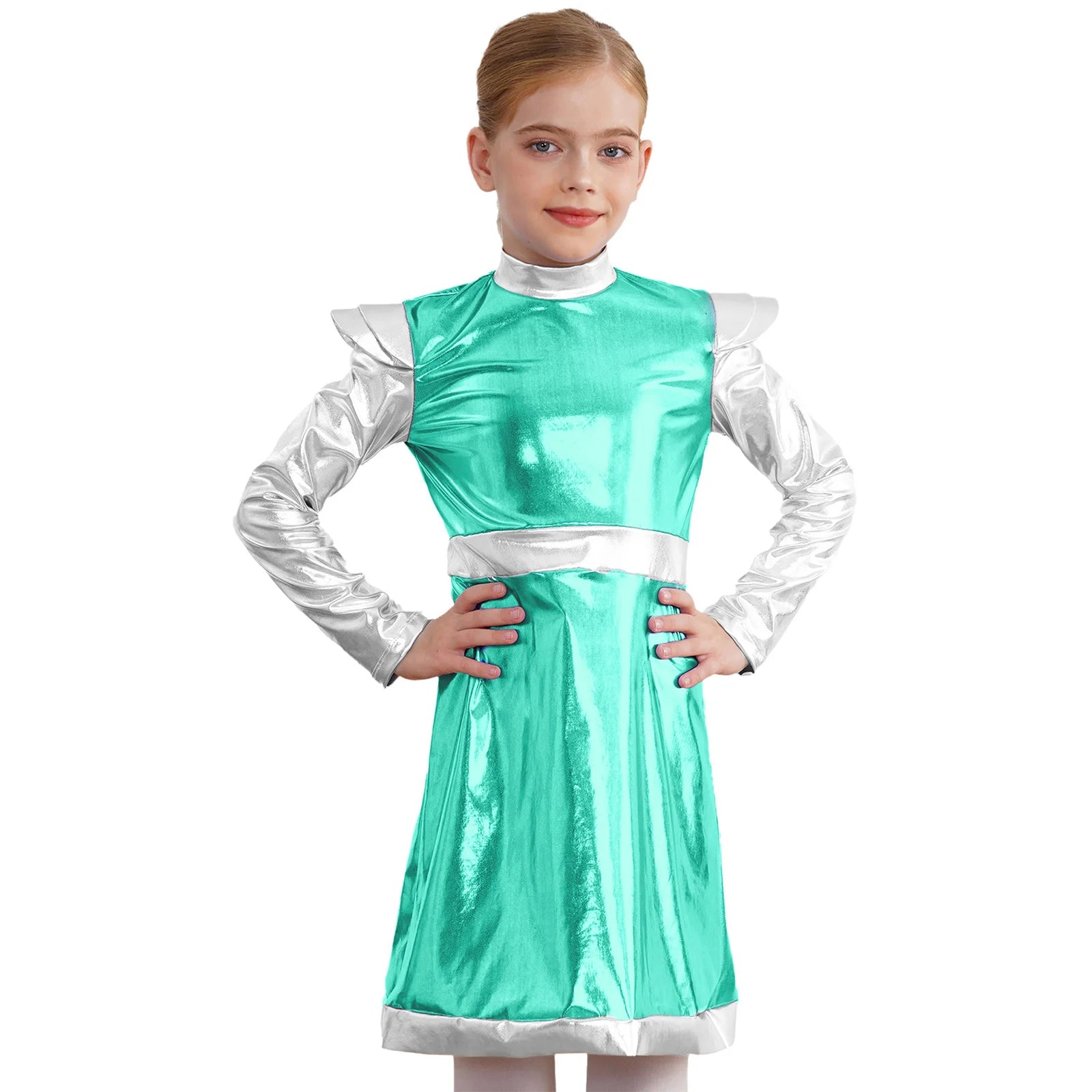 Kids Alien Cosplay Costume Outfits Boys Girls Metallic Shiny Alien Jumpsuit Halloween Full Length Bodysuit with Hair Hoop Suit