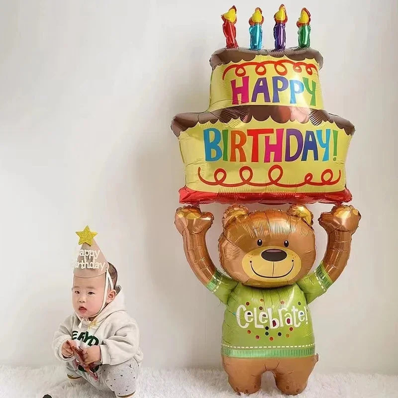 3-Layer Large Cake Balloons  Birthday Cartoon Bear Cake Foil Balloons for Kids Birthday Party Decoration Props Balloon Toys