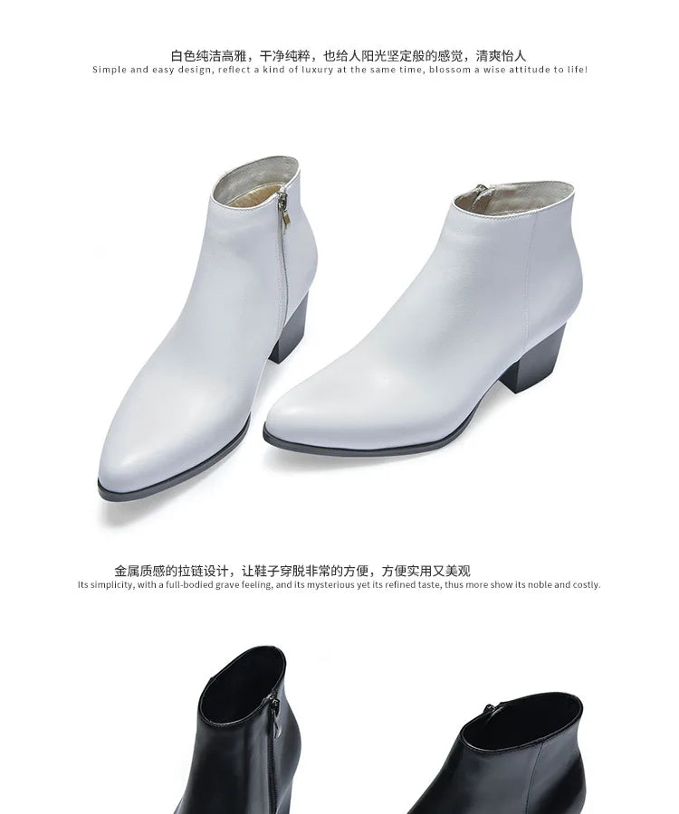 Men Ankle Boot High Heel Genuine Leather Men's Shoe Fashion Pointed Toe Dress Wedding Male Shoes Side Zipper Basic Boots for Men