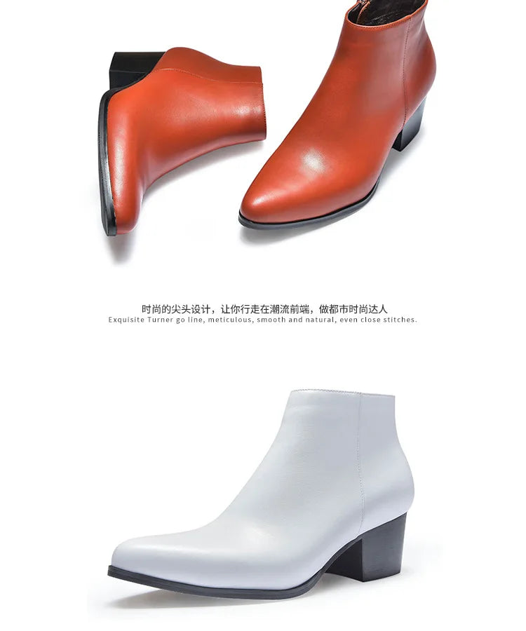 Men Ankle Boot High Heel Genuine Leather Men's Shoe Fashion Pointed Toe Dress Wedding Male Shoes Side Zipper Basic Boots for Men