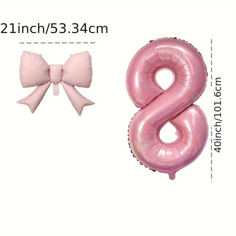 2pcs Large Pink Number-Shaped Foil Balloons with Matte Bow Decorations for Birthday Party, Outdoor Event, Anniversary