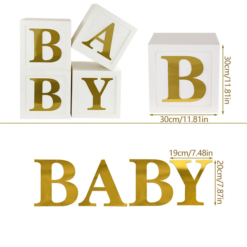 Baby Boxes with Letters for Baby Shower Gender Reveal Decorations White Boxes Blocks with 4 pcs Letters Birthday Party Decor