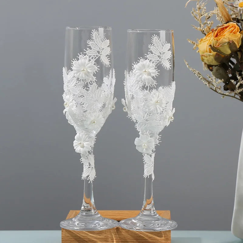 Wedding glasses for the bride and groom, simple design, champagne glasses filled with flowers, engagement, anniversaries