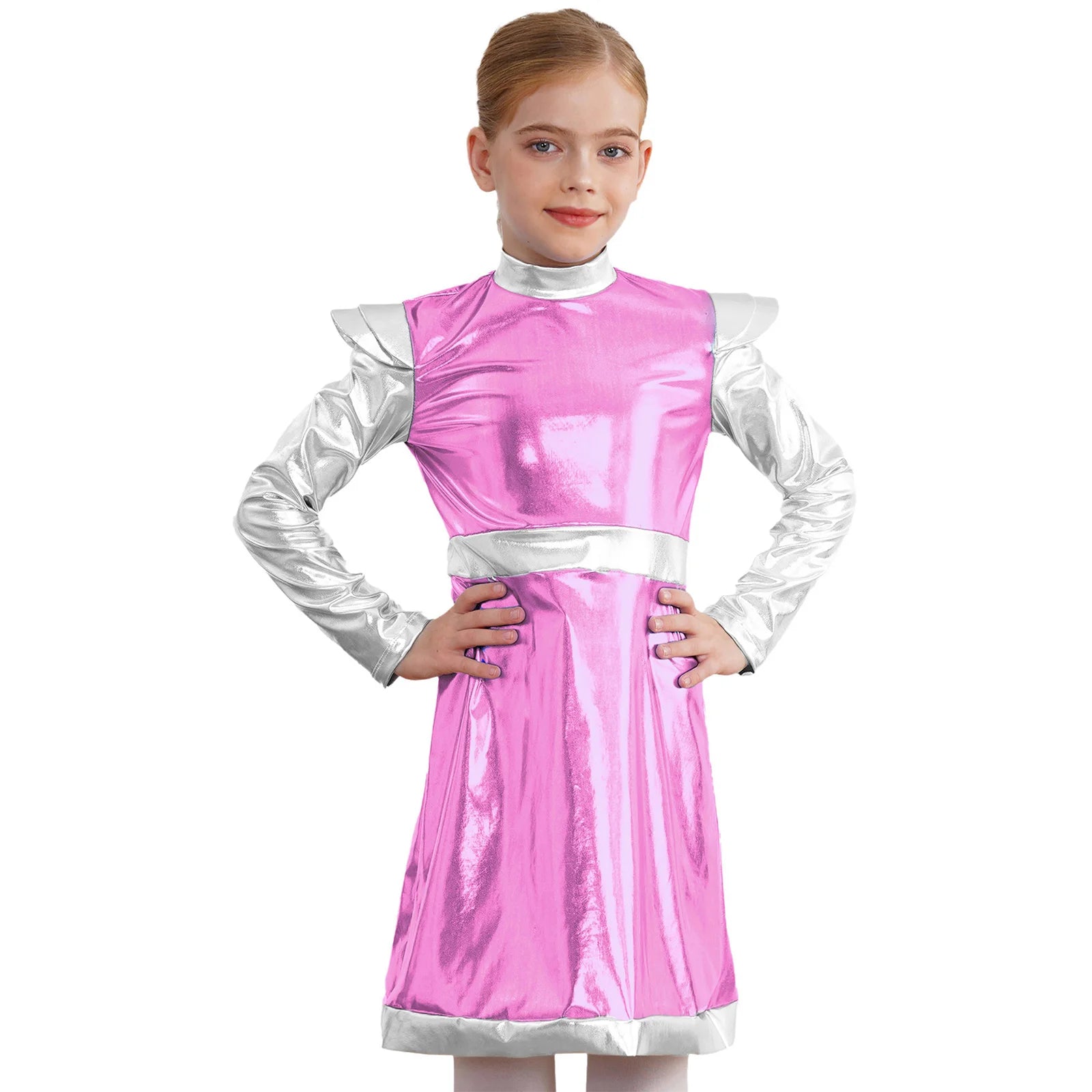 Kids Alien Cosplay Costume Outfits Boys Girls Metallic Shiny Alien Jumpsuit Halloween Full Length Bodysuit with Hair Hoop Suit