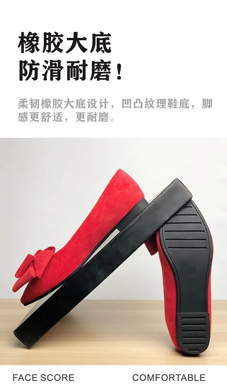 Women Flats with Big Bowknot Red Wedding Shoes Flat Heel Butterfly-knot Soft Sole Small Size 33 34 large size 43 Rose Red Flats