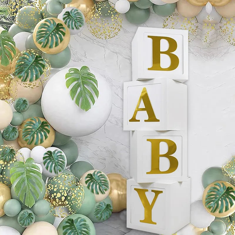 Baby Boxes with Letters for Baby Shower Gender Reveal Decorations White Boxes Blocks with 4 pcs Letters Birthday Party Decor