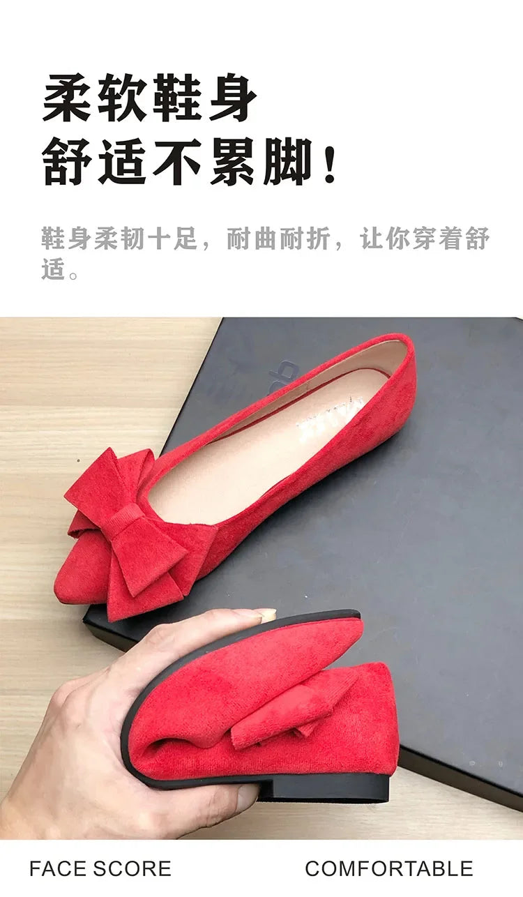 Women Flats with Big Bowknot Red Wedding Shoes Flat Heel Butterfly-knot Soft Sole Small Size 33 34 large size 43 Rose Red Flats