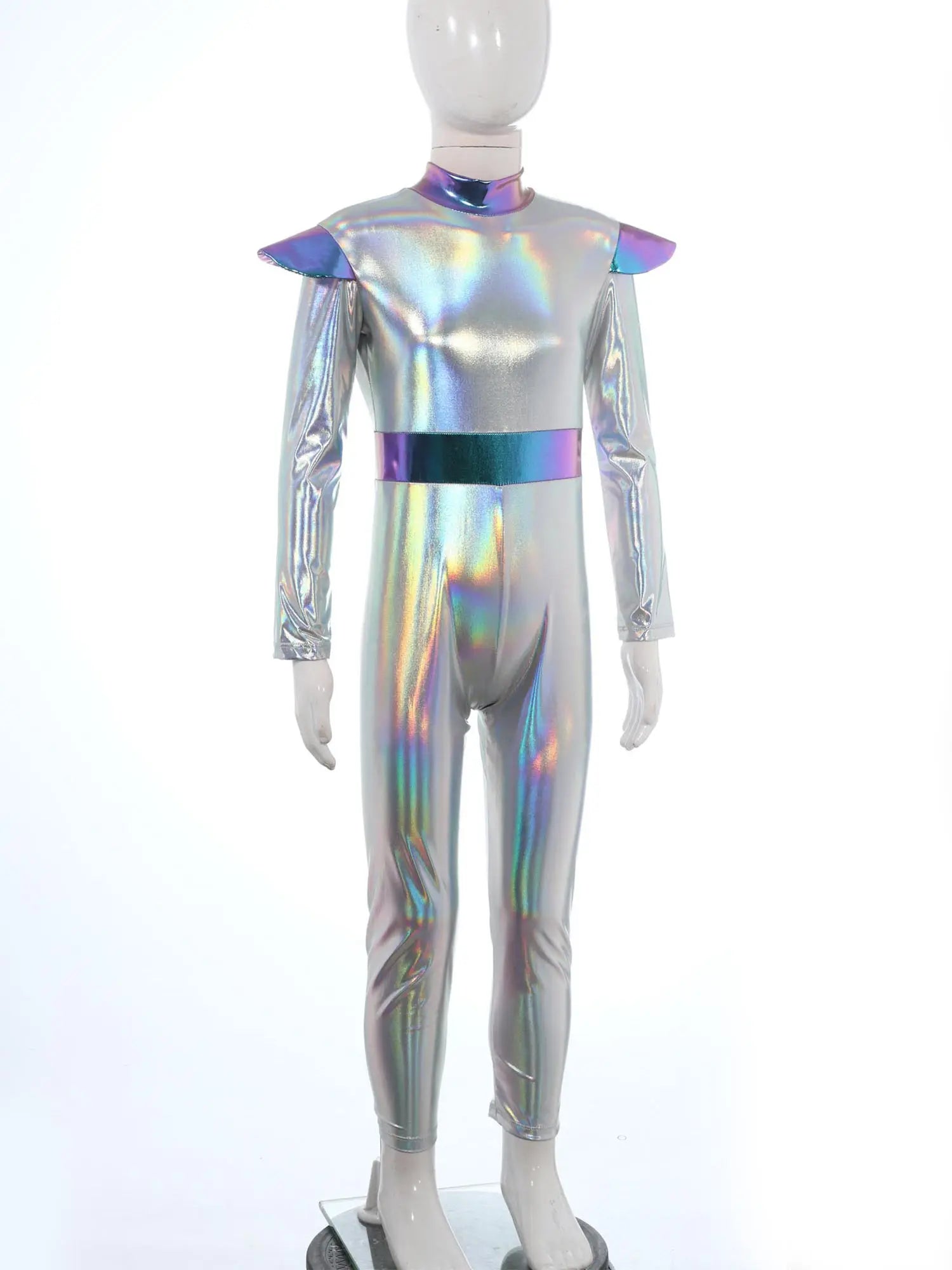 Kids Alien Cosplay Halloween Costume Shiny Bodysuit Astronaut Tech Theme Party Outfit Role Play Jumpsuit Astronaut Dress Up