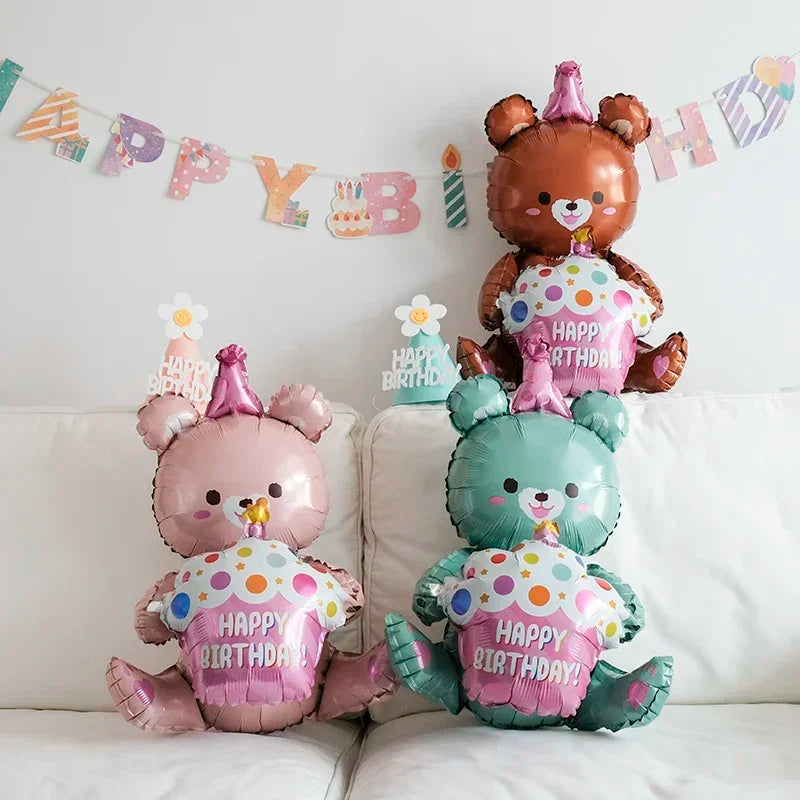 3-Layer Large Cake Balloons  Birthday Cartoon Bear Cake Foil Balloons for Kids Birthday Party Decoration Props Ballon Toys