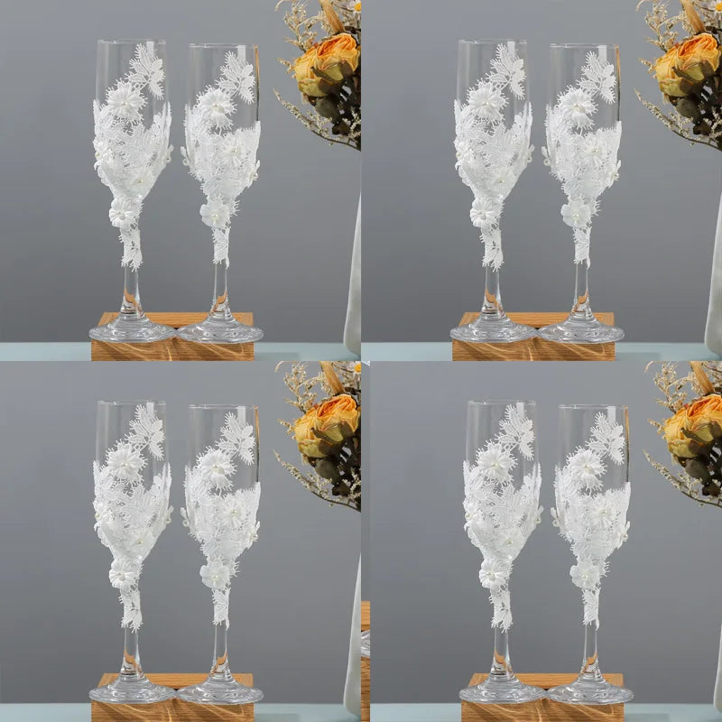 Wedding glasses for the bride and groom, simple design, champagne glasses filled with flowers, engagement, anniversaries